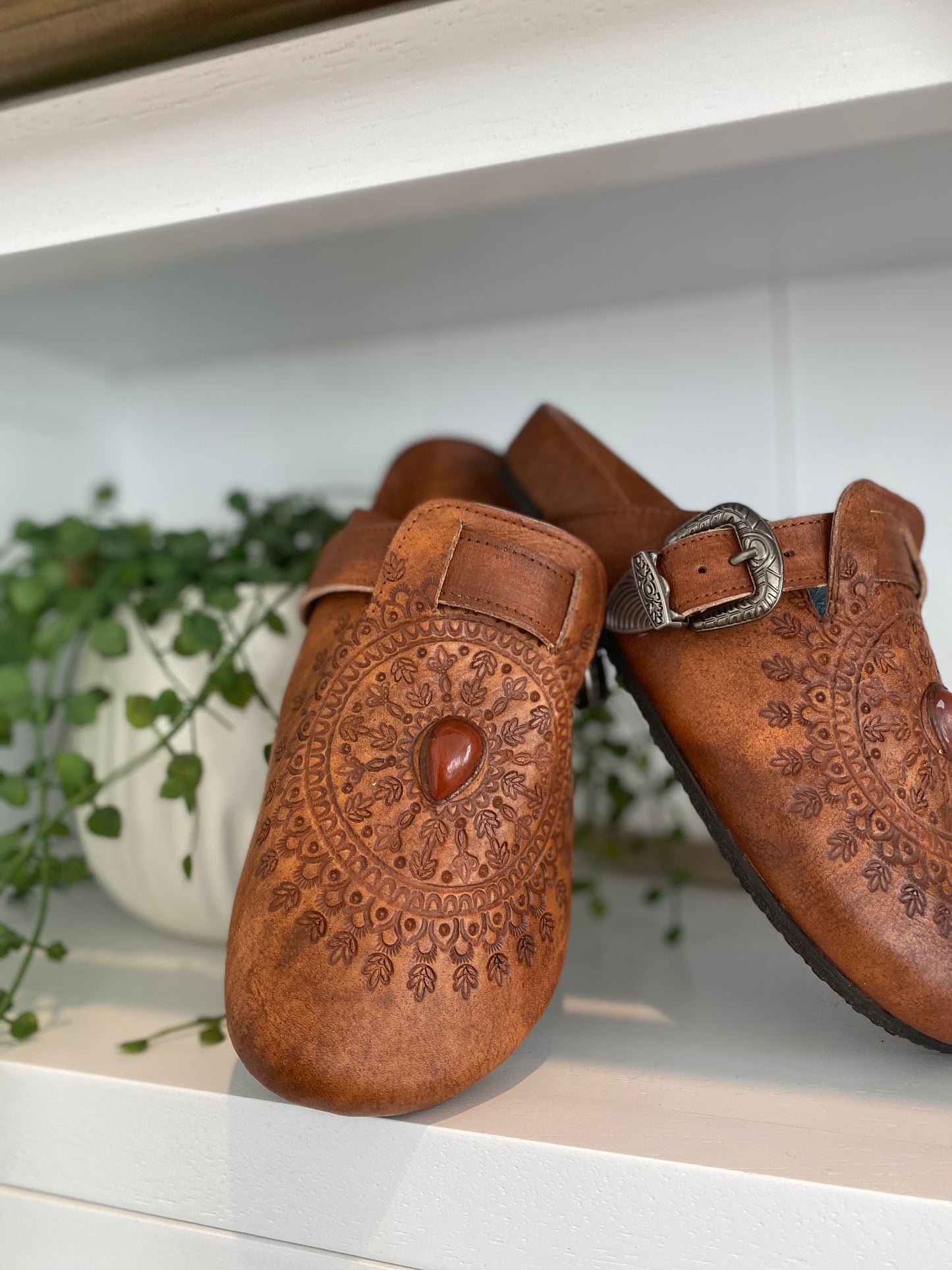 Shop the Western Buckle Boho Clogs with a Stone – Vintage Leather Mules by House of Hide