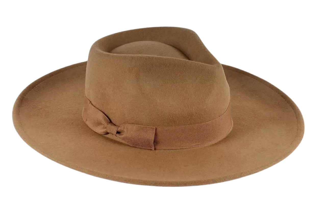 Wide brim fedora hat in rich brown 100% Australian wool, styled for a relaxed country-boho look—Women's Wool Felt Hats