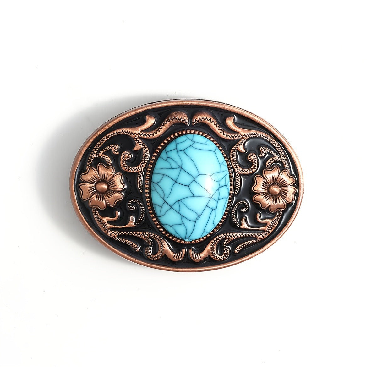 Bronze blue belt buckle with a stone and floral patterns on a white background