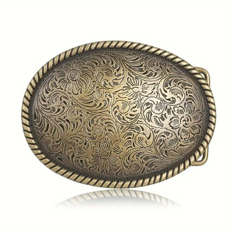 Bronze western woman belt buckle – large ornate gold buckle close-up view on a white background