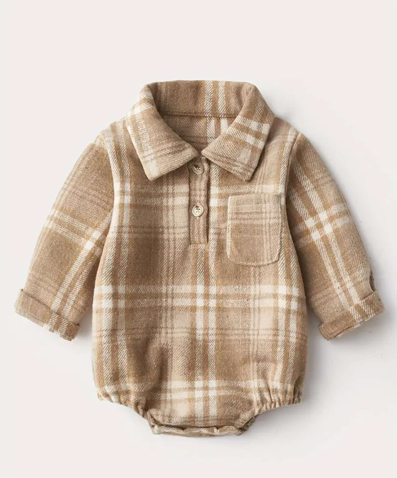 Brown plaid long-sleeve baby romper with snap closures for easy diaper changes.