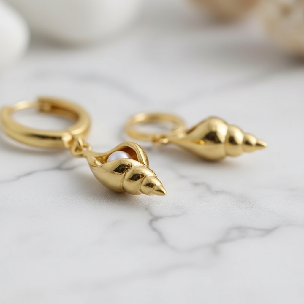 Elegant gold shell hoops with luminous pearl zircon – ocean treasure-inspired earrings from Houseofhide Australia
