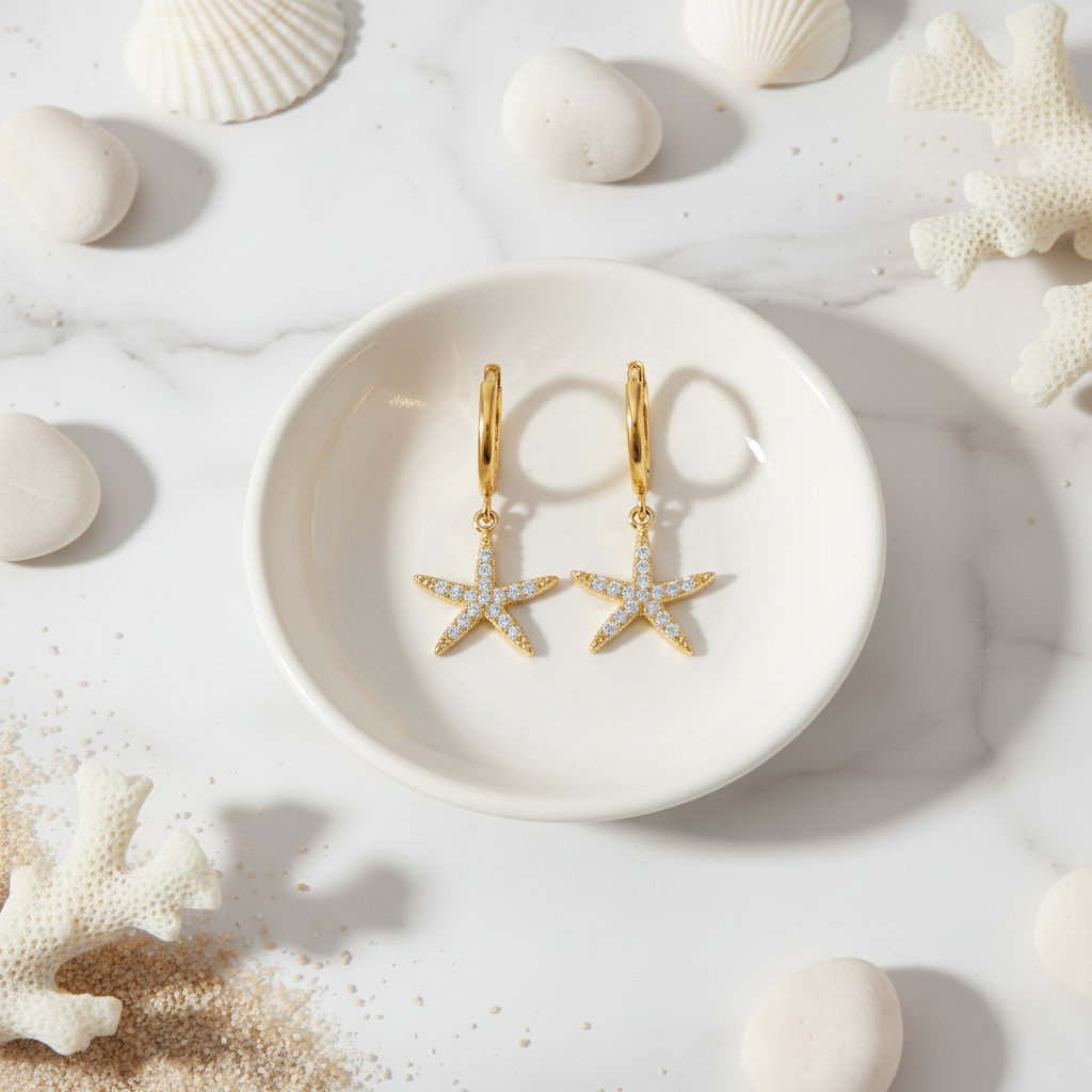 Golden starfish charm hoops with summer sparkle – Australian jewellery by Houseofhide