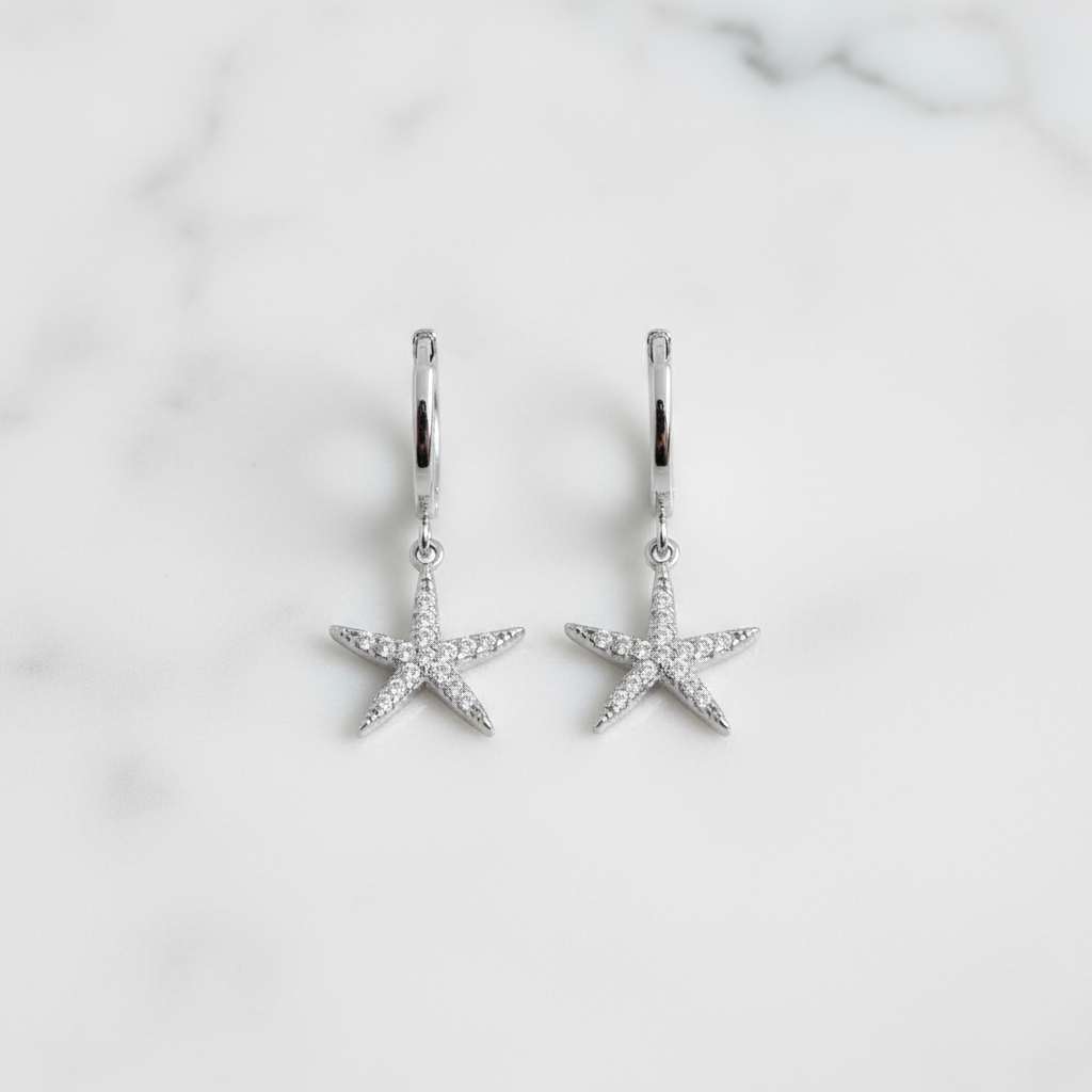 Coastal silver hoop earrings with shimmering starfish design – summer jewellery from Houseofhide