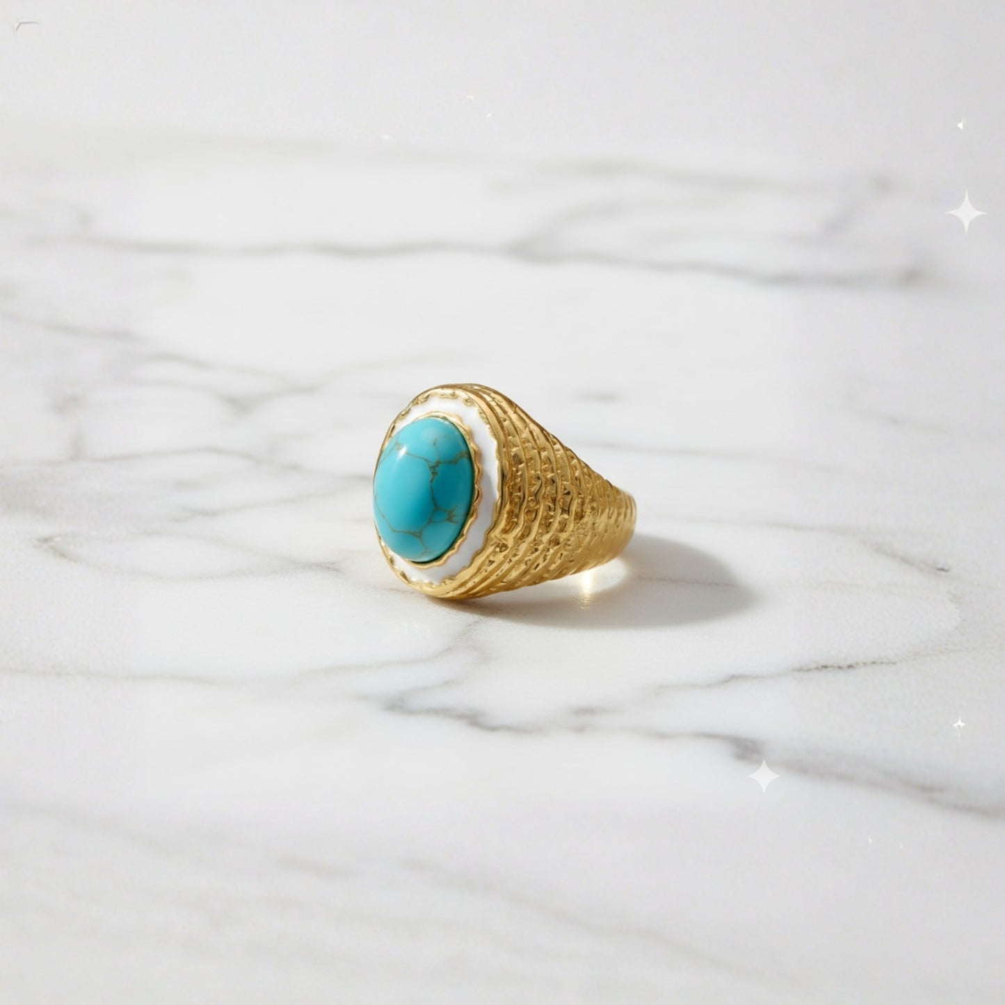 Coral Bay Ring Perth House of Hide turquoise stone gold ring displayed on white background