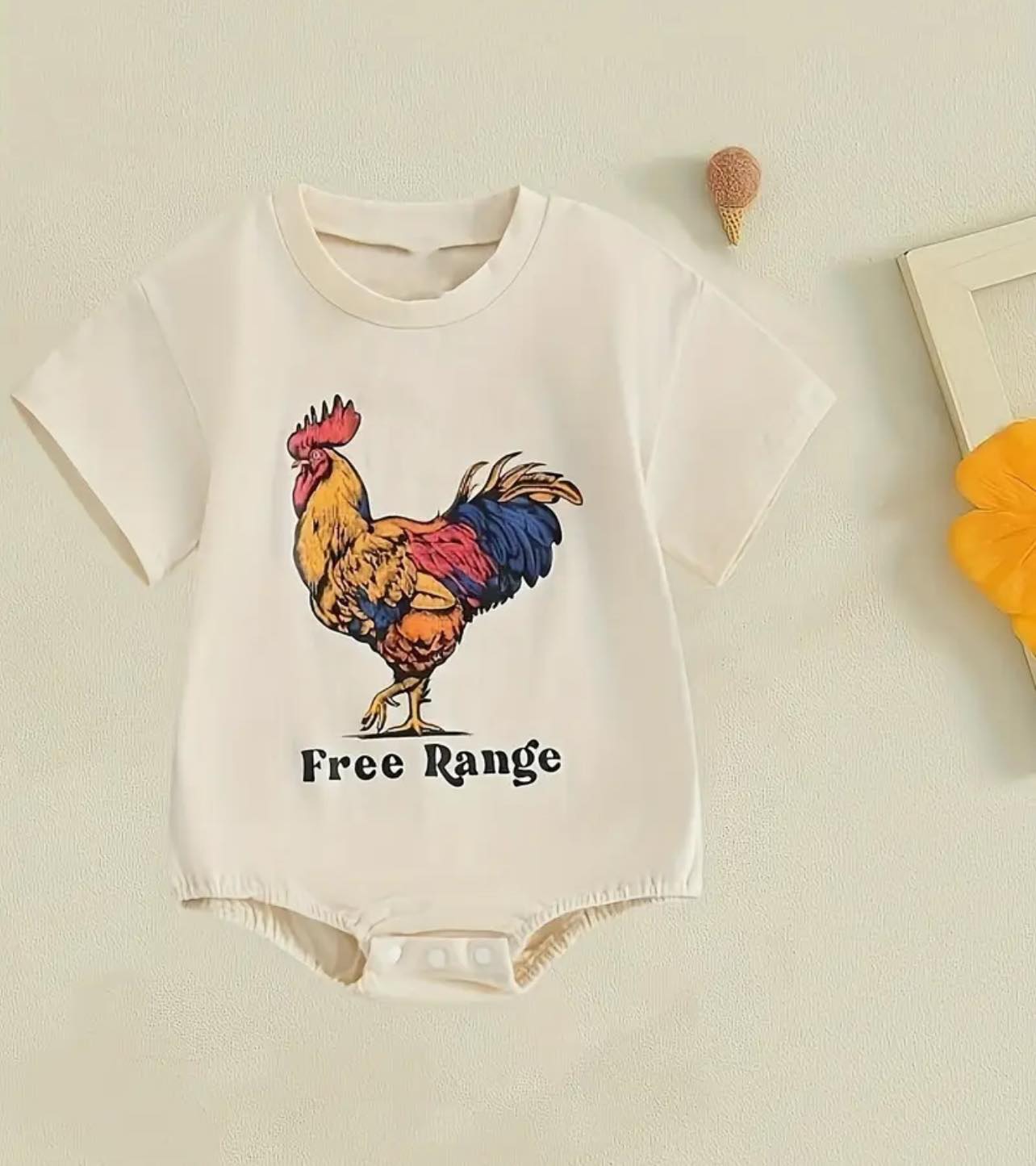 Baby wearing Free Range Rooster Romper – Australian farm life baby outfit