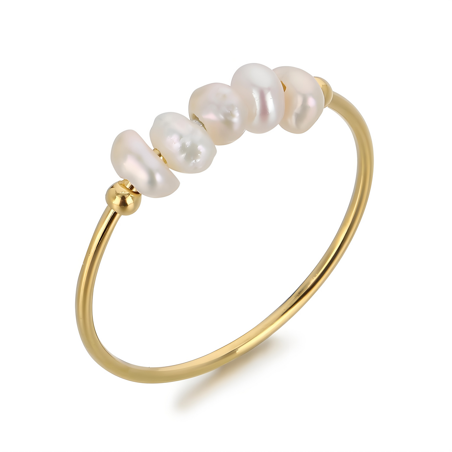 Golden freshwater pearl ring - close-up detailed view on a white background
