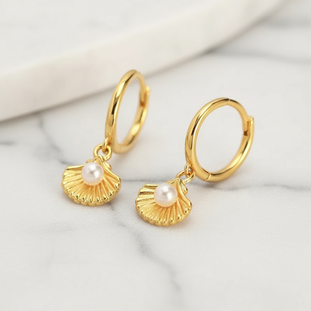Gold coastal shell earrings with pearl accent – elegant summer jewellery Australia