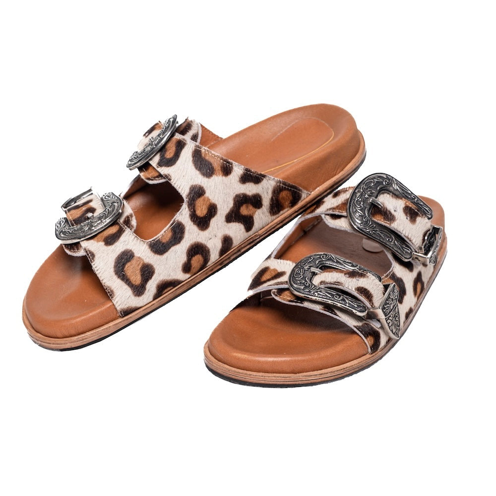 leopard print leather slides western buckle