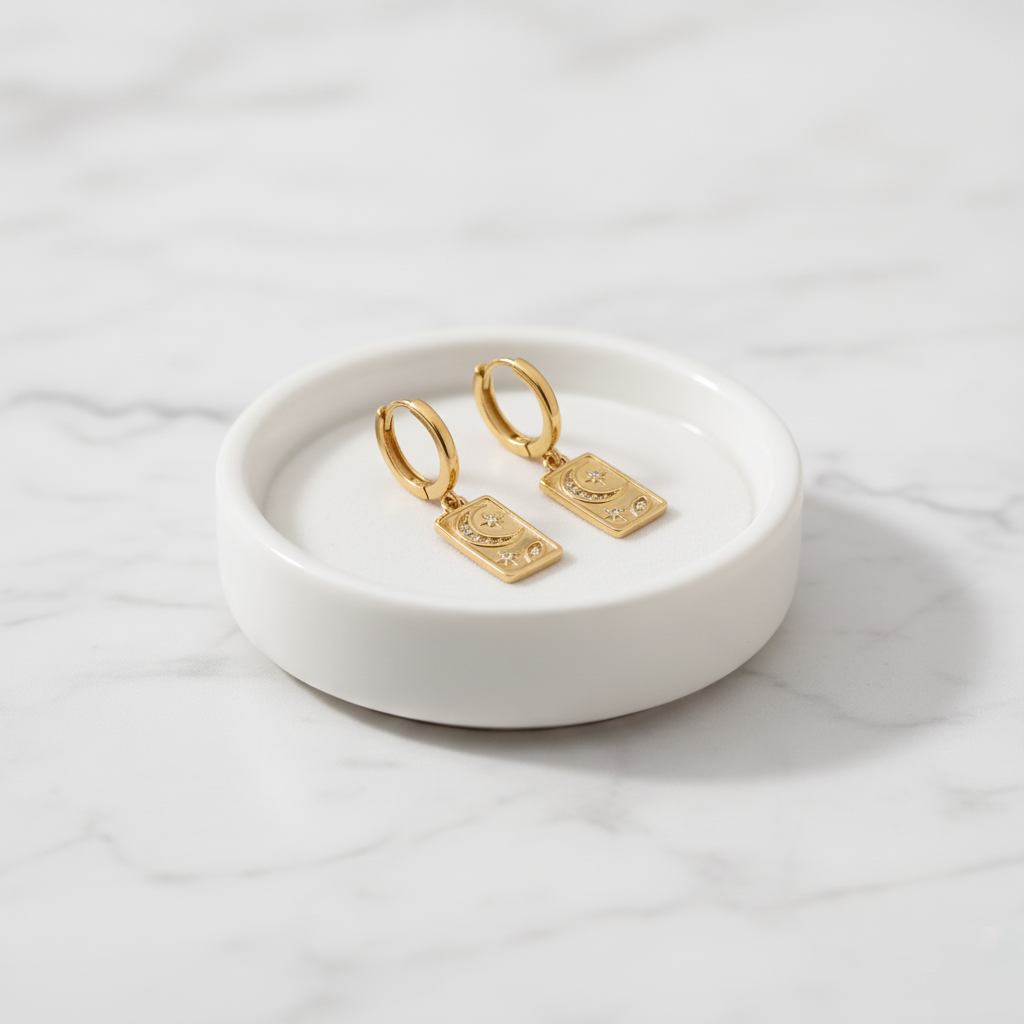 Lunar Drift Boho Earrings Perth Australia Houseofhide – gold rectangular moon and star earrings with zircon accents