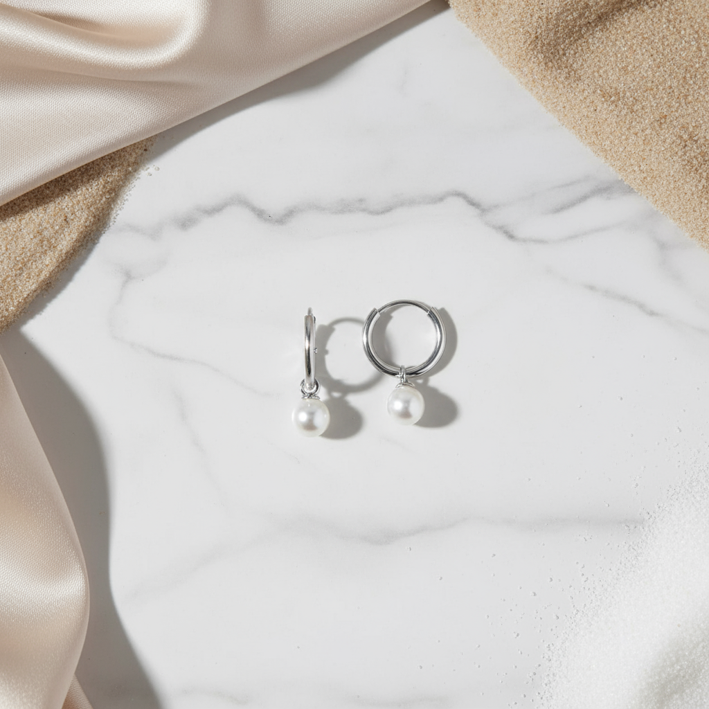 Moonwhisper Earrings featuring silver hoops and pearl pendants on marble surface