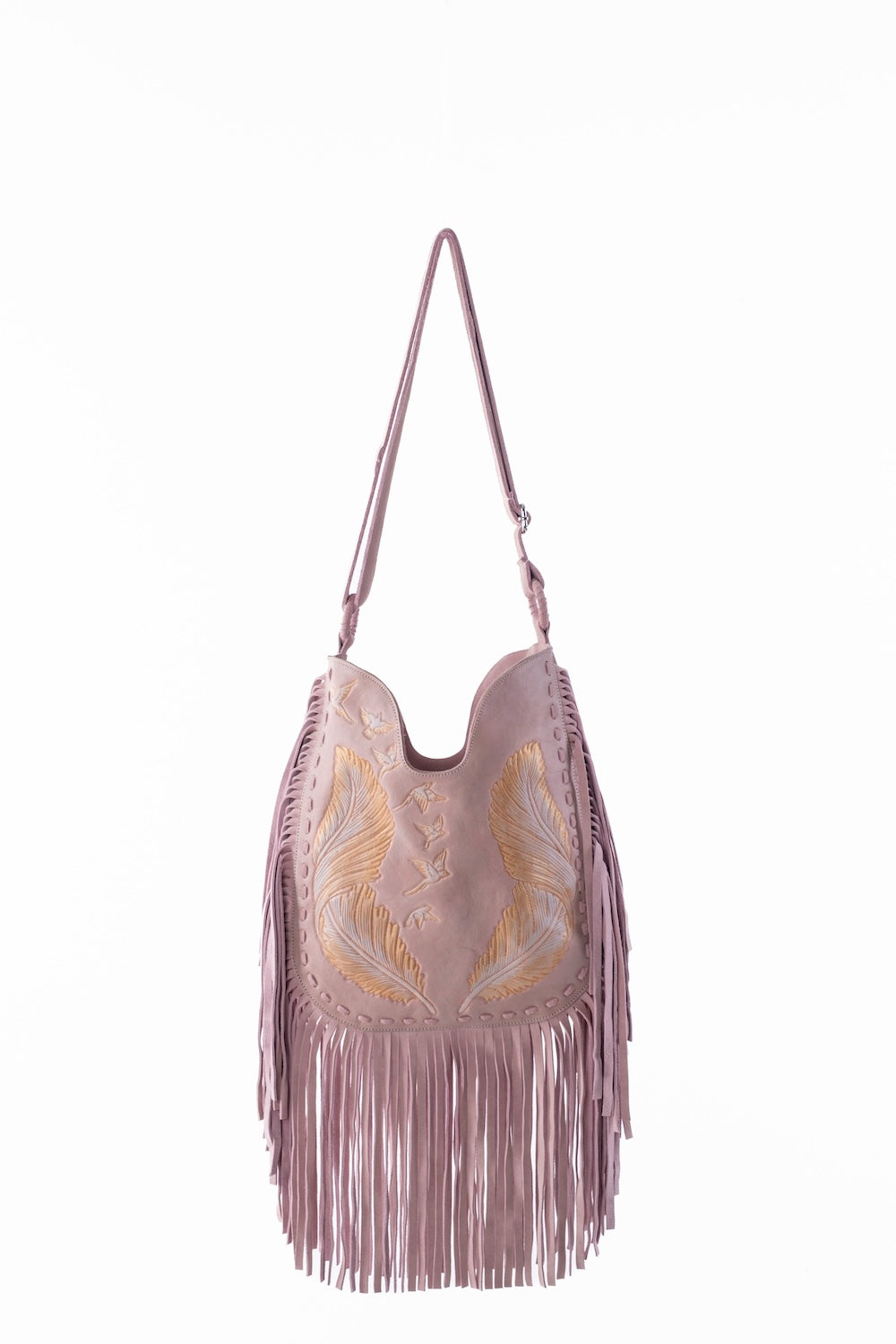Hand-tooled pink suede bag with feather and bird motif