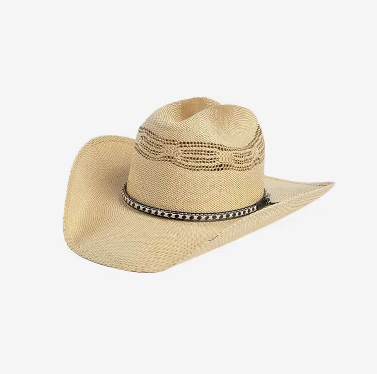 Detail view of straw cowboy hat brim and patterned band – handcrafted by House of Hide