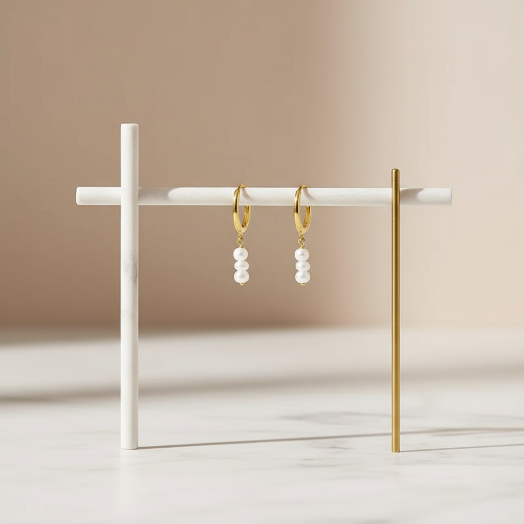 Sunseeker Drift Pearl Hoops Perth House of Hide gold earrings with pearl drops displayed on beige fabric