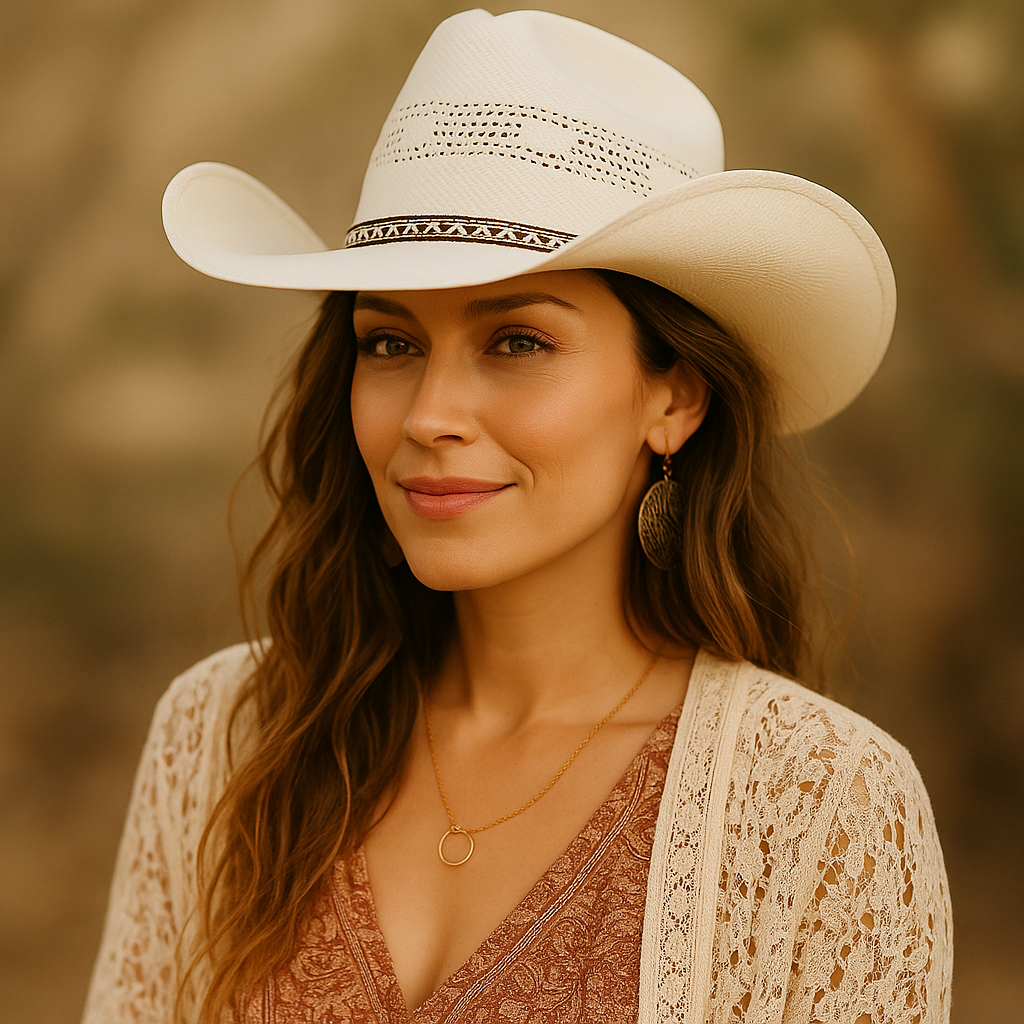 Side view of classic white cowboy hat with curved brim and black leather band