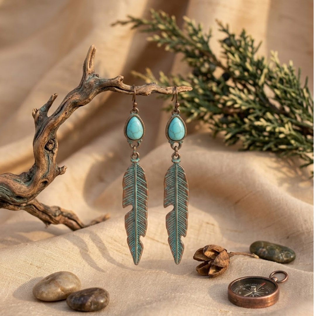 Turquoise Feather Drop Earrings