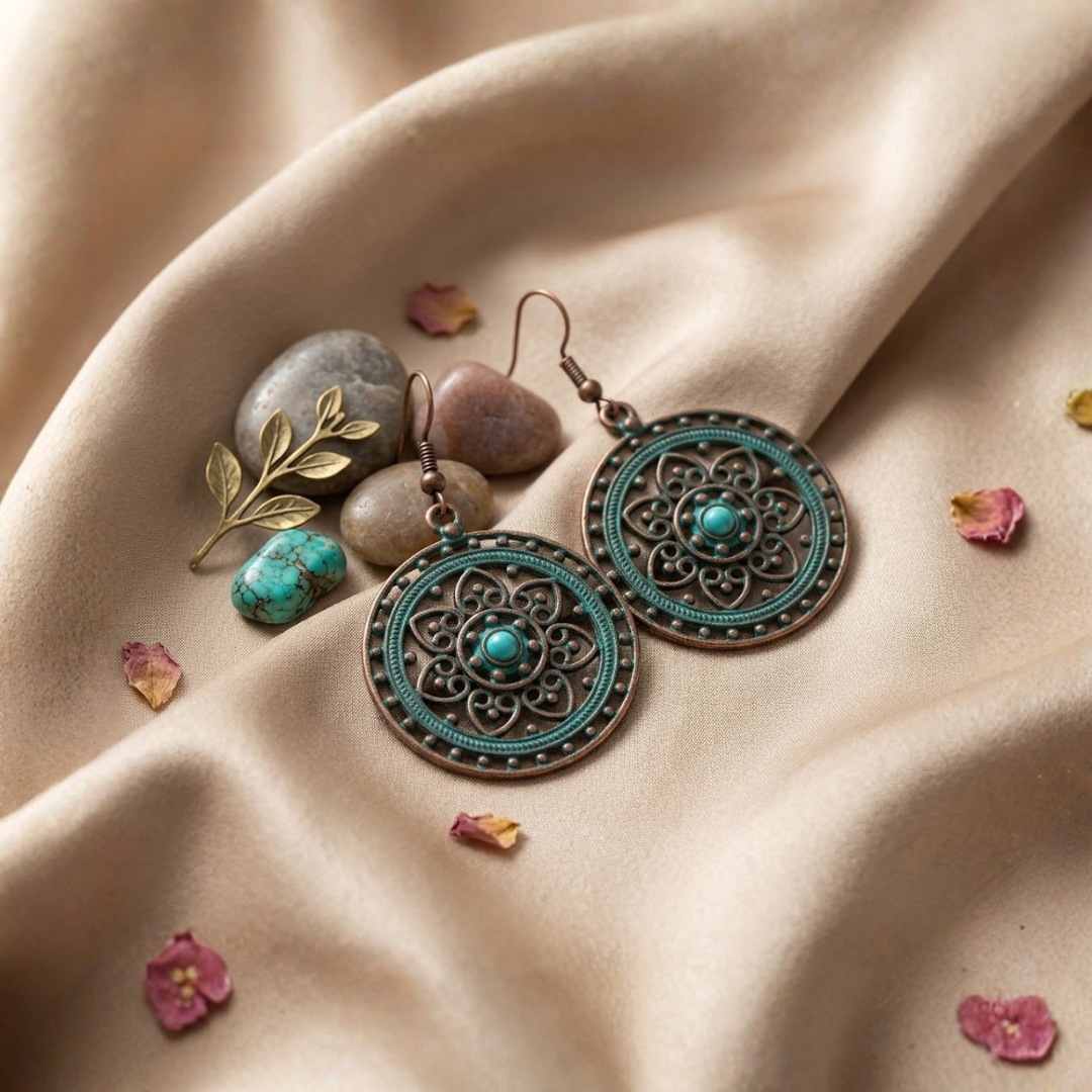 Solstice Verdigris Mandala Drop Earrings