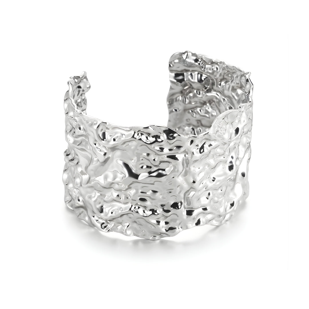 Silver Ripple Wide Cuff Steel Bracelet