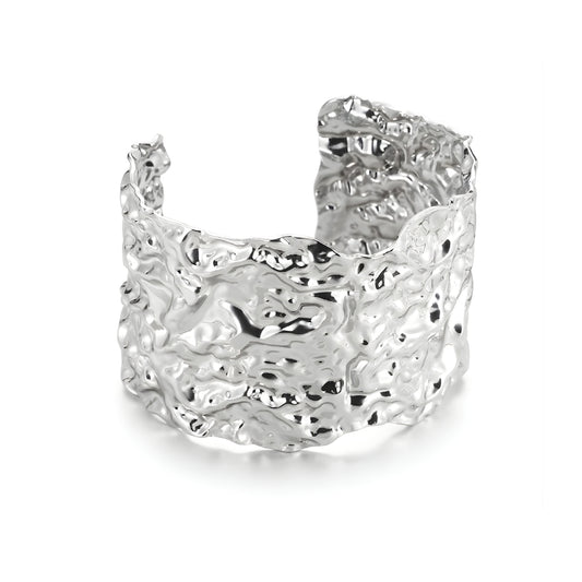 Silver Ripple Wide Cuff Steel Bracelet