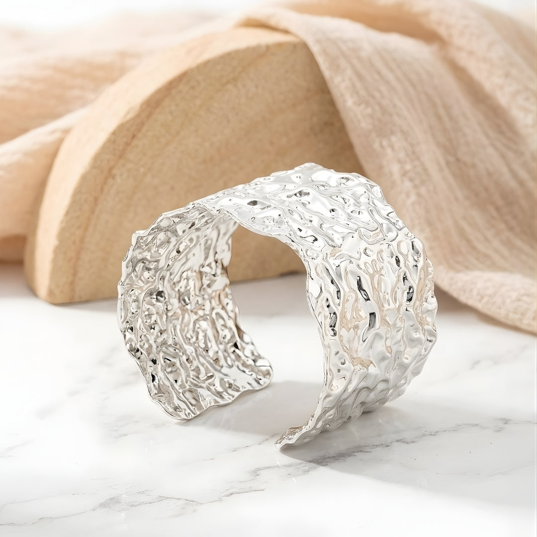 Silver Ripple Wide Cuff Steel Bracelet