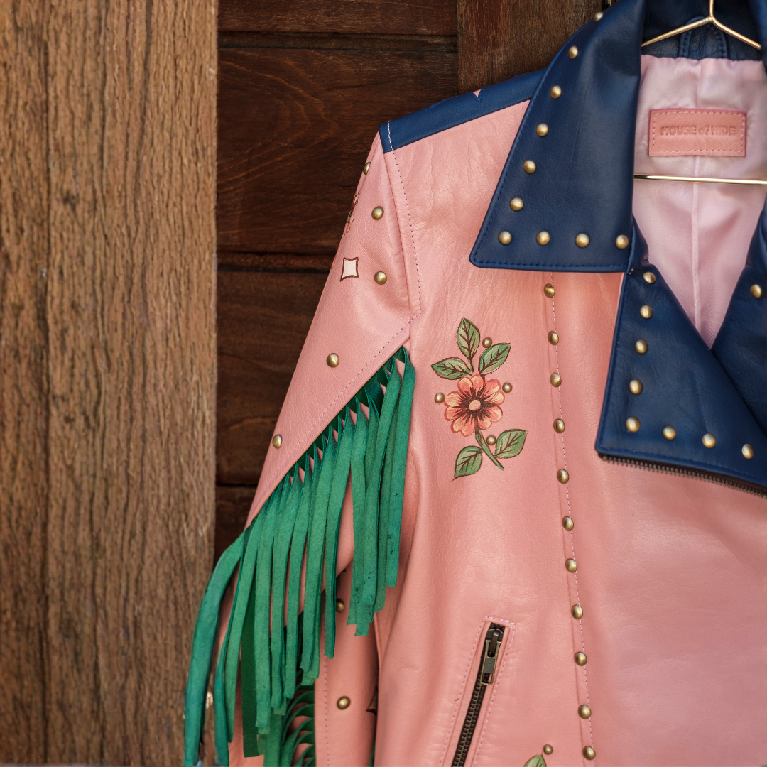 Country Roads leather jacket by House of Hide with statement Western artwork and genuine leather fringe