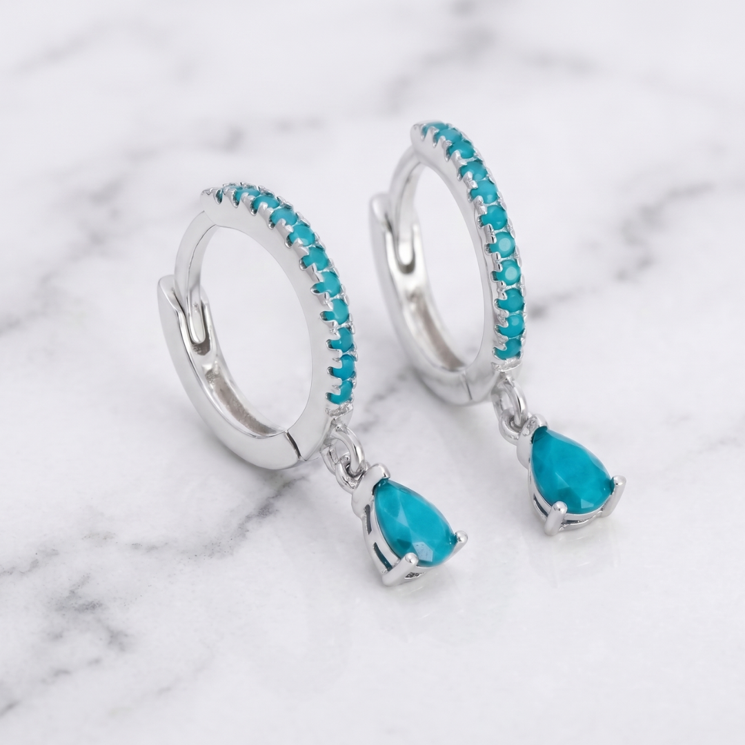 Silver Turquoise Drop Huggies