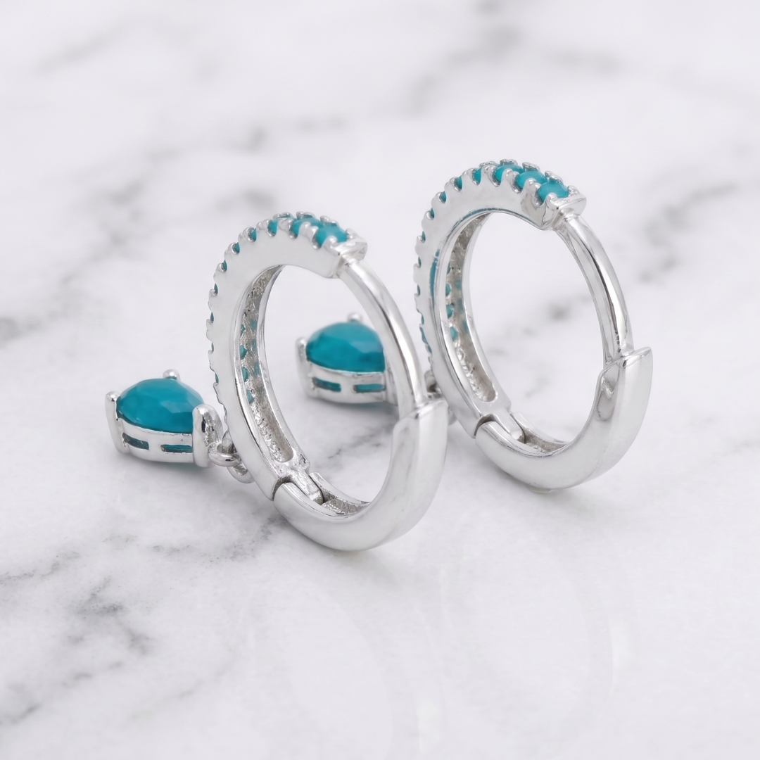 Silver Turquoise Drop Huggies