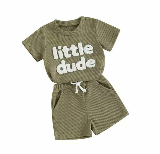 The Little Dude Summer Set in Olive is the ultimate sunny day combo, featuring a cozy waffle cotton blend and playful embroidered script for a perfect mix of comfort and style.