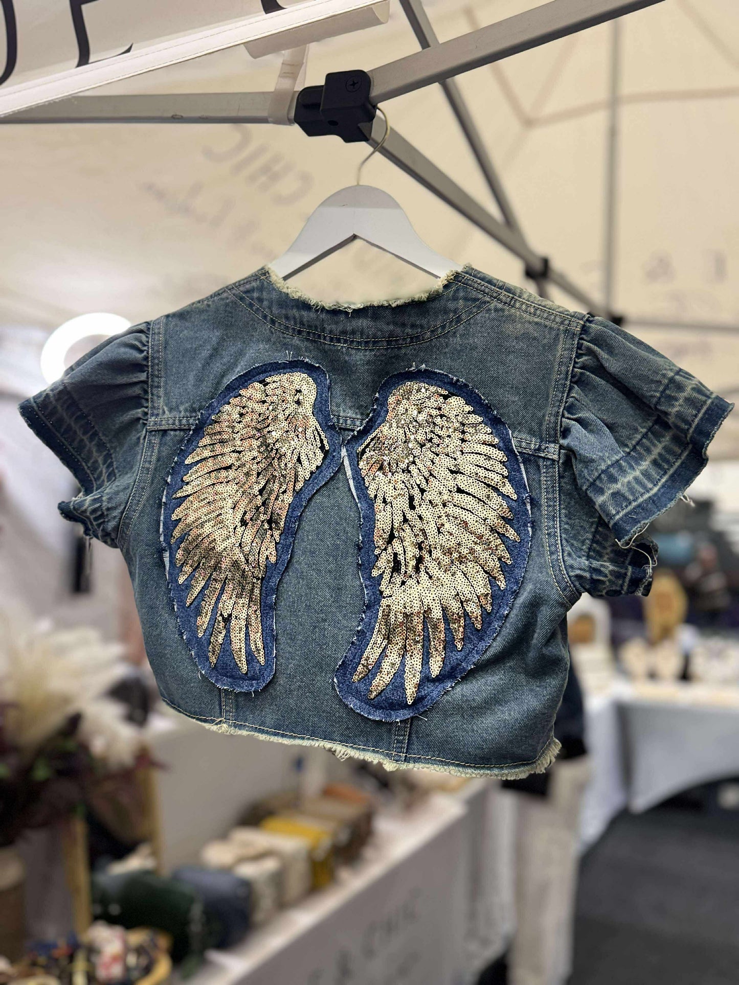 Wings Denim Jacket - Ruffle Cropped Sleeve No Collar
