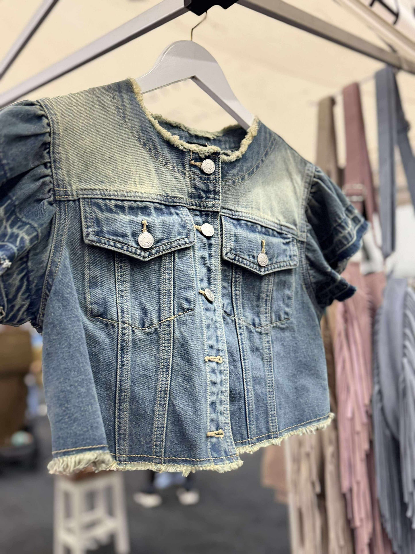 Wings Denim Jacket - Ruffle Cropped Sleeve No Collar