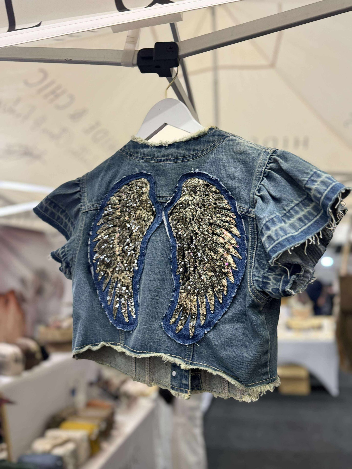 Wings Denim Jacket - Ruffle Cropped Sleeve No Collar