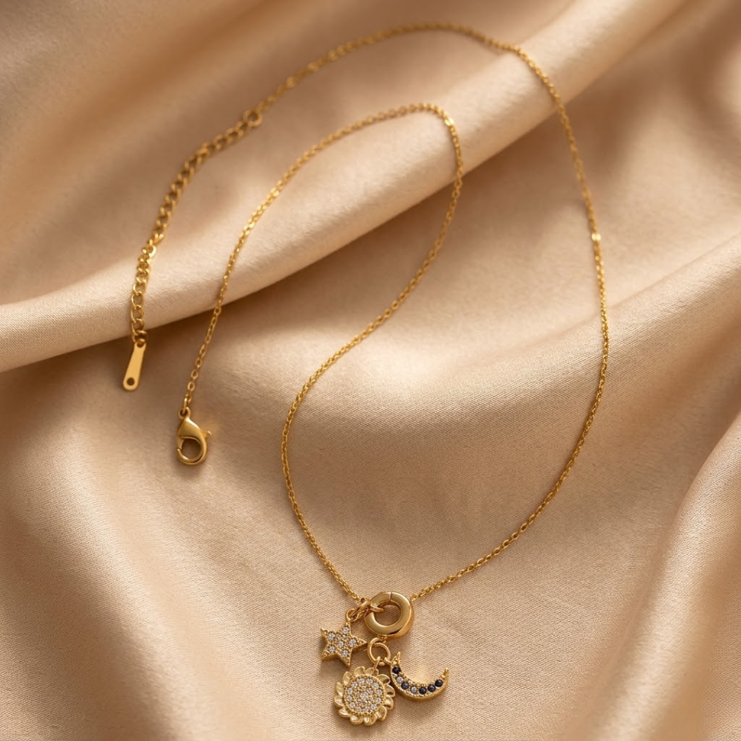 Celestia Sun Moon Star Charm Necklace