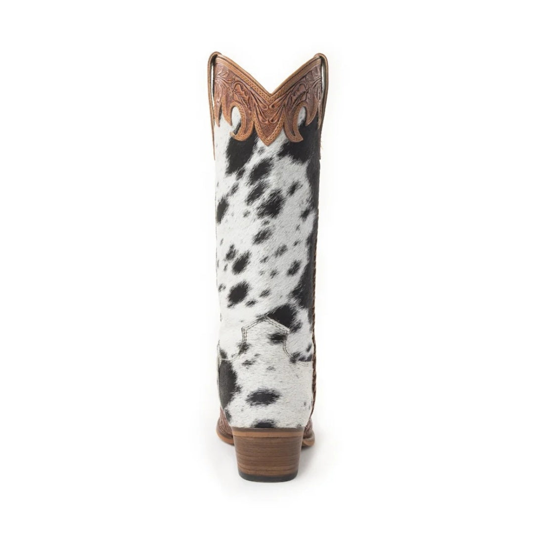 Rear view of an Adelaide boot showing black and white cowhide, tooled leather trim and a tapered heel.
