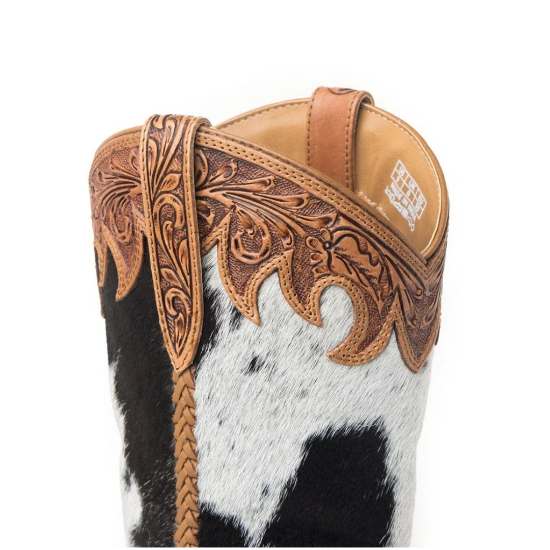 Close-up of the Adelaide boot’s floral-tooled leather trim, pull tab and braided side detailing.