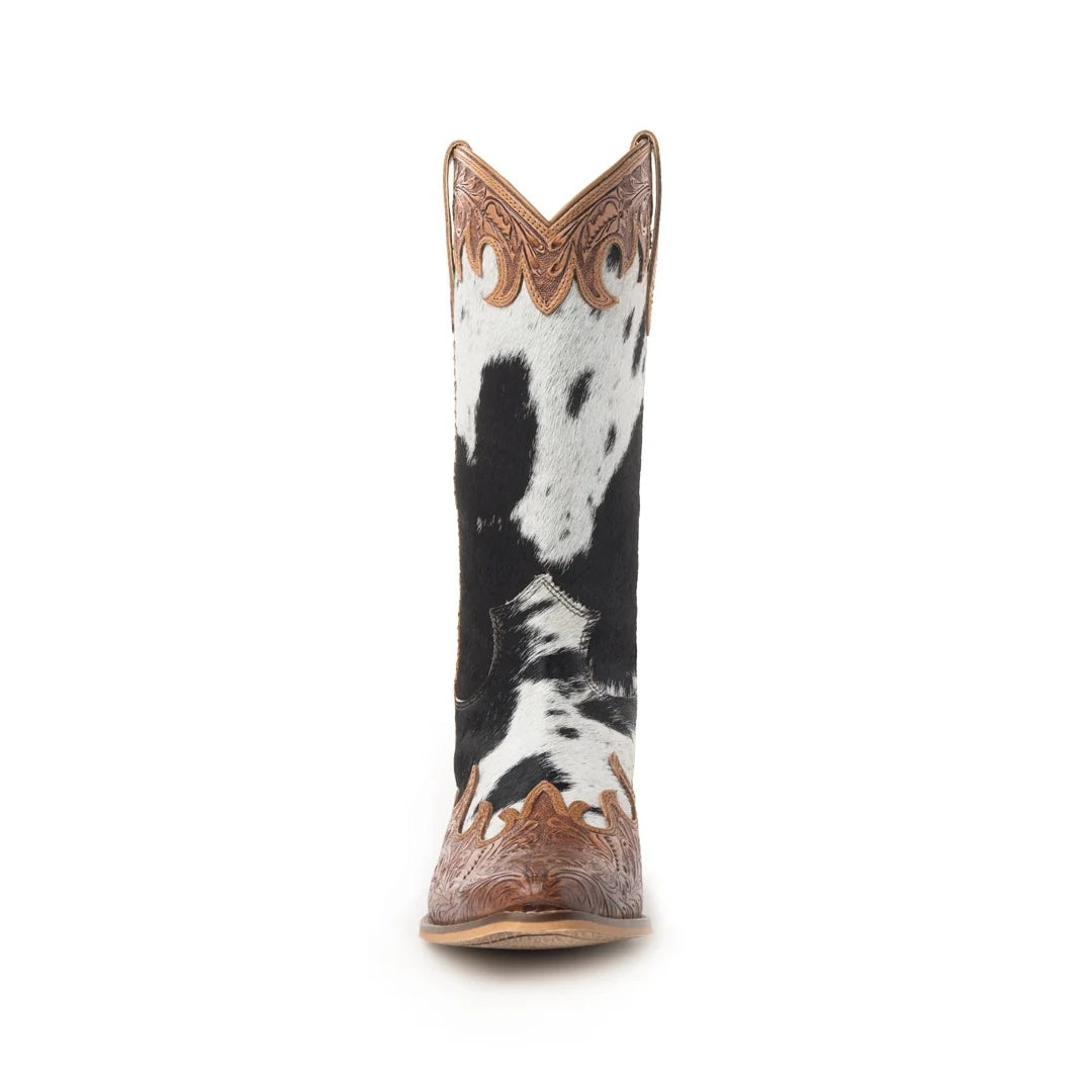 Front view of an Adelaide boot showing black and white cowhide, floral-tooled leather trim and a snip toe.