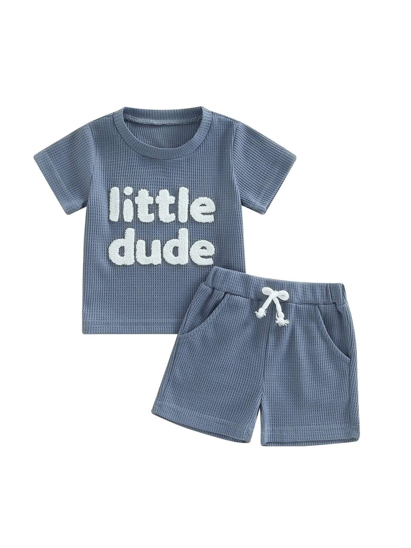 Our Little Dude Summer Set combines style and comfort, with a breathable cotton blend and playful design. Your little guy will love the soft feel and cute "little dude" embroidery.