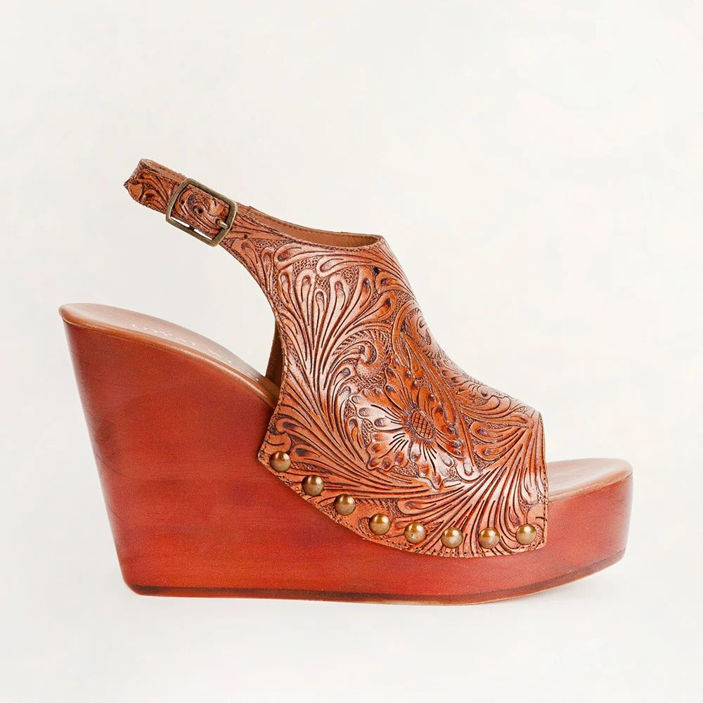 Amelia Sandals from House of Hide in brown leather with intricate tooled design being displayed on white background