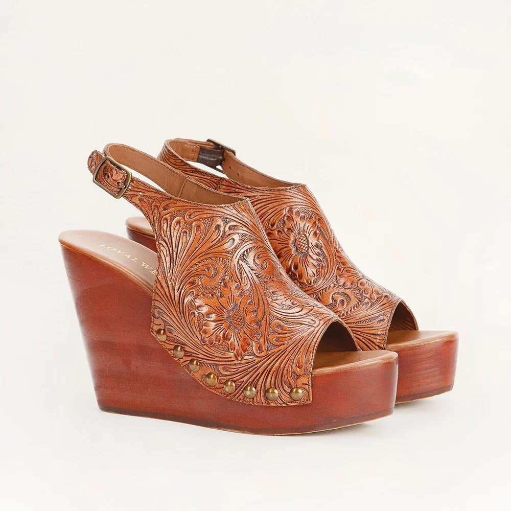 Amelia Sandals from House of Hide in brown leather with intricate tooled design being displayed on white background