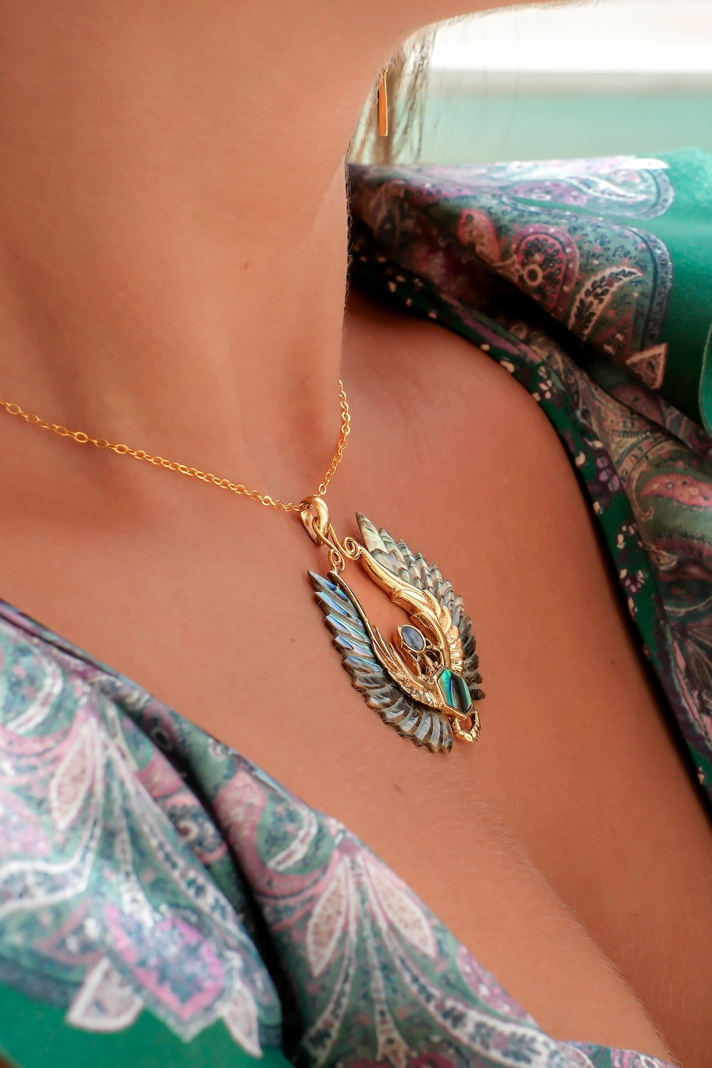 Angel Wing Pendant with paua shell inlay on gold chain
