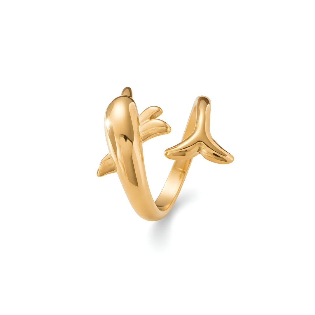 Close-up of the AquaSpirit Dolphin Ring featuring a handcrafted gold-plated dolphin design.
