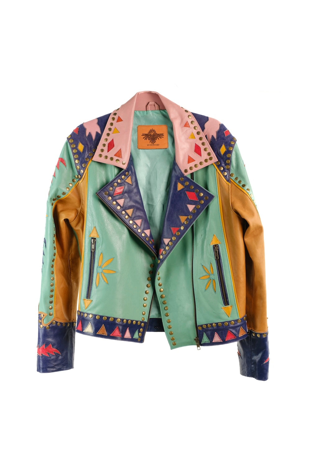 Artisan leather jacket with sunburst motif and bold Western patchwork style