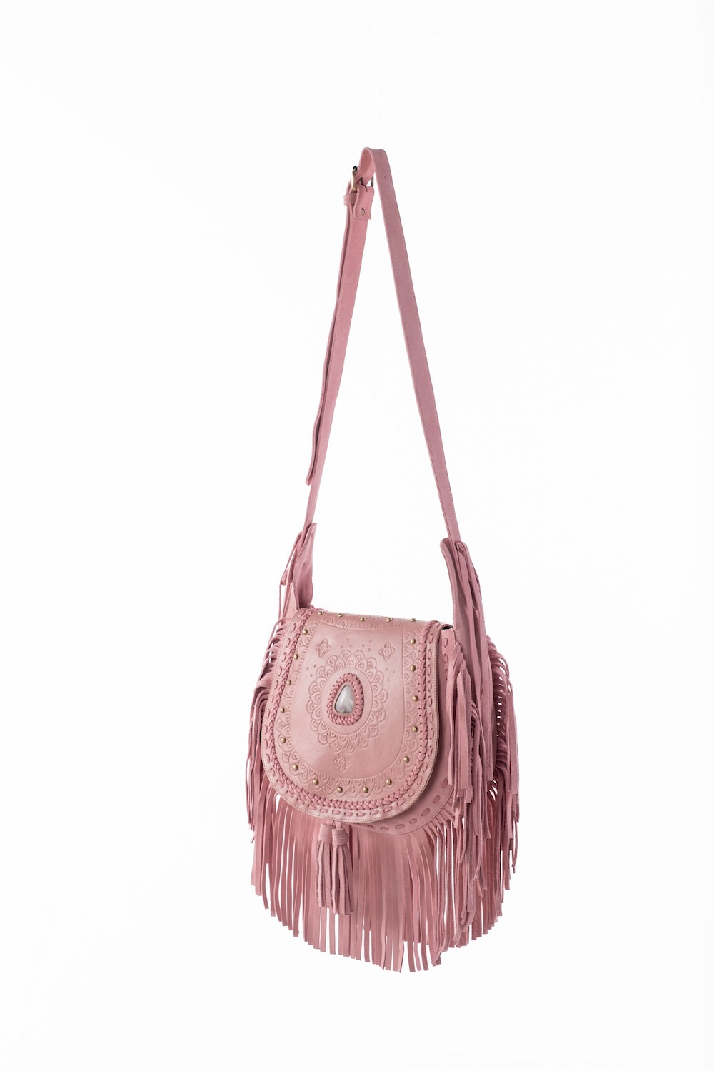 Artisan pink leather fringe purse with turquoise stone and adjustable strap, perfect for festivals and everyday wear