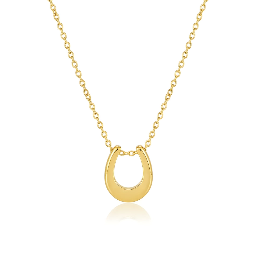 Aurea Horseshoe Necklace Perth Australia Houseofhide featuring a polished gold horseshoe pendant on a delicate stainless steel chain.