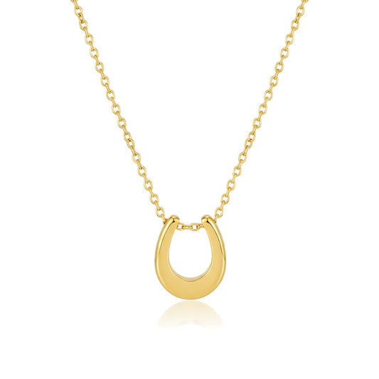 Aurea Horseshoe Necklace Perth Australia Houseofhide featuring a polished gold horseshoe pendant on a delicate stainless steel chain.