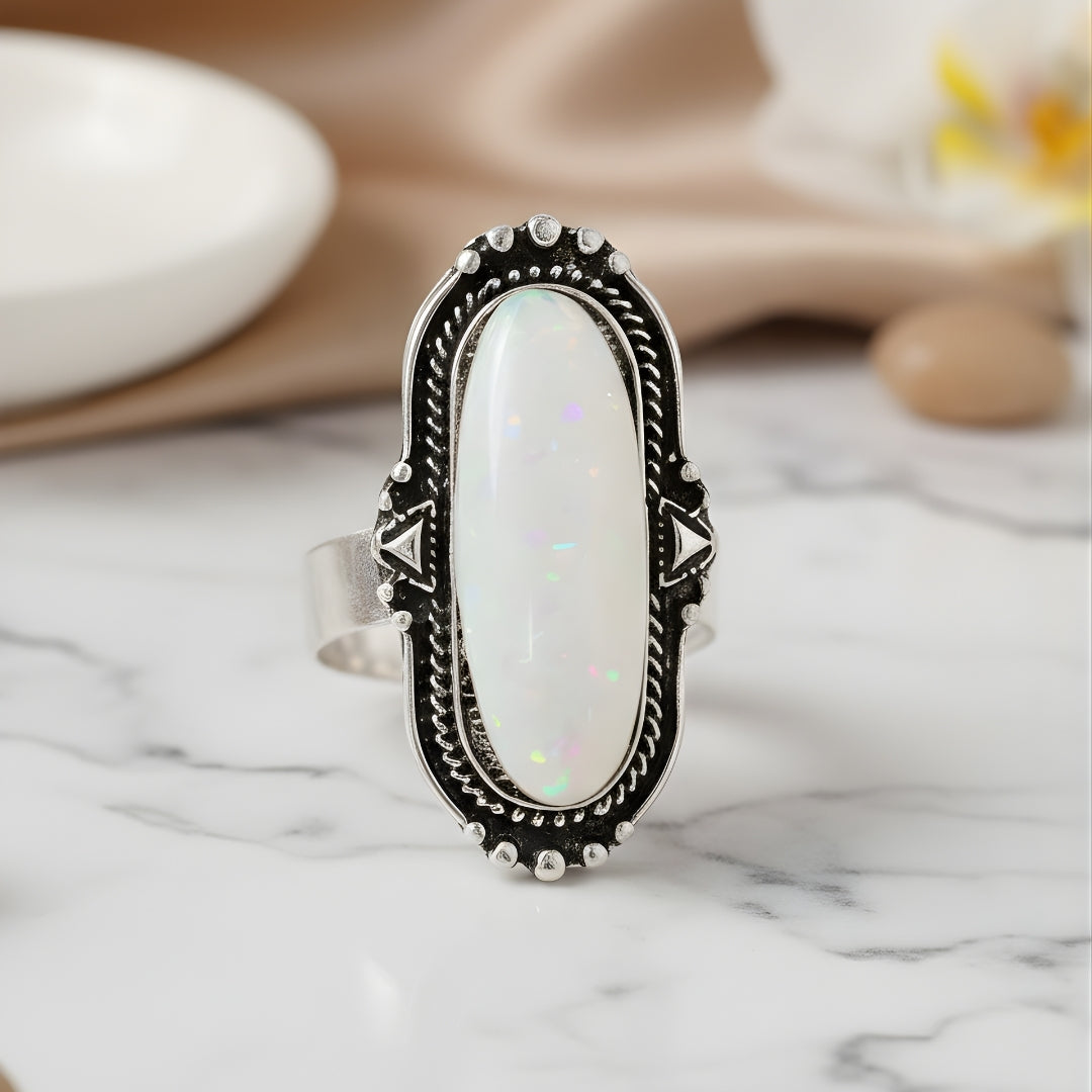 Large oval opal gemstone ring in sterling silver by House of Hide Perth Australia