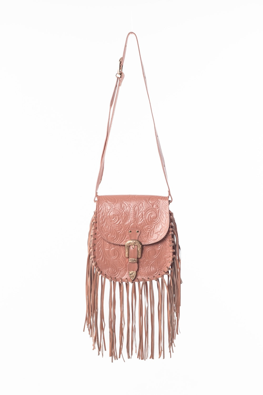 Australian-made hand-tooled leather crossbody in warm apricot