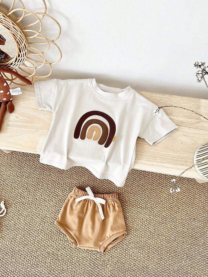 Soft and Breathable Baby Boy Set in Beige with Rainbow Patchwork 