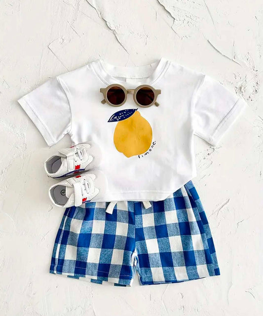 Baby Summer Outfit: Lemon Print T-Shirt and Blue Checkered Shorts