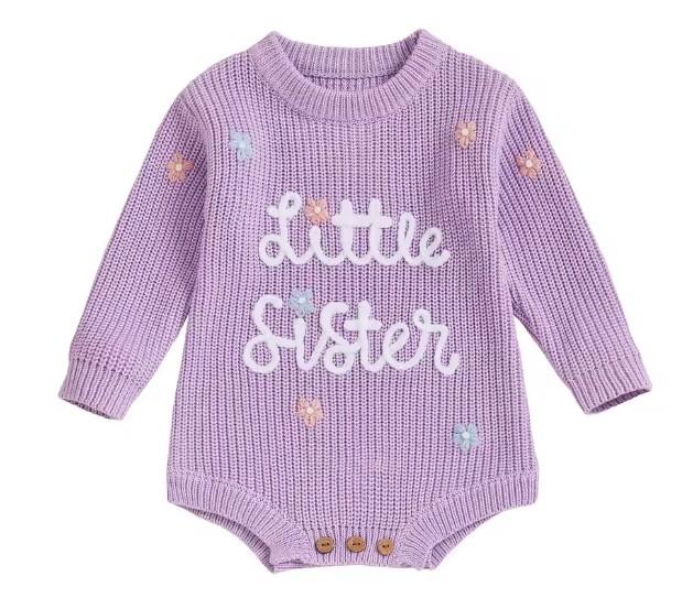 Baby girl in purple Little Sister romper, perfect newborn gift in Australia
