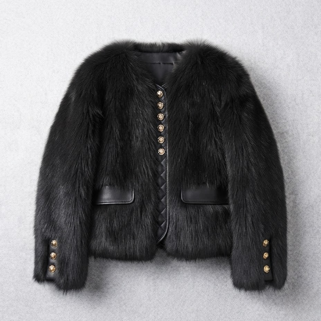 Bailey Jacket from House of Hide in plush black faux fur with gold-tone engraved button closures down front, vegan leather placket and pocket trim, full voluminous sleeves, cropped boxy silhouette being displayed on light gray textured background